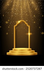 Gold 3d podium with frame on black background. Abstract empty golden award platform with glowing arch and glitter confetti sparkle falling rain. Vector illustration for product presentation.