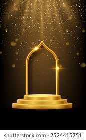 Gold 3d podium with frame on black background. Abstract empty golden award platform with glowing arch and glitter confetti sparkle falling rain. Vector illustration for product presentation.