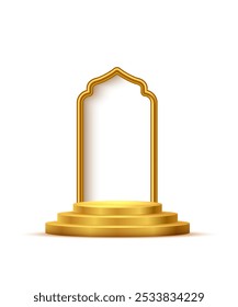 Gold 3d podium with frame on white background. Abstract empty golden award platform with glowing arch. Vector illustration for product displays, award ceremonies, luxurious presentations.