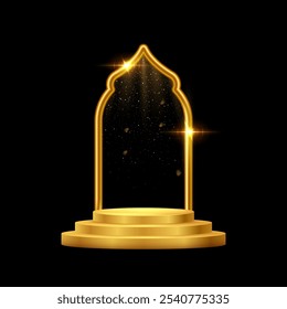 Pódio 3d dourado com quadro no fundo preto. Abstrato plataforma de prêmio de ouro vazio com arco brilhante e brilho confete faísca chuva caindo. Ilustração vetorial para apresentação do produto.