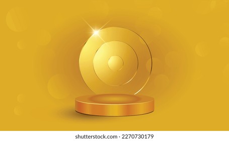 Fondo de estudio de presentación de podio Gold 3d con placa de vidrio brillante plataforma de producto peatonal de escena dorada o escaparate de lujo
