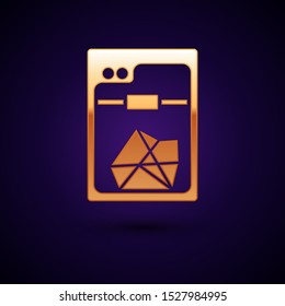 Gold 3D printer icon isolated on dark blue background.  Vector Illustration