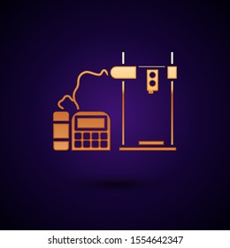 Gold 3D printer icon isolated on dark blue background.  Vector Illustration