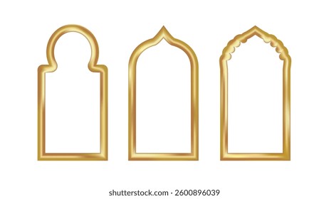 Gold 3D Ramadan frame with arabesque arch. Golden window element for Islamic eid background. Arabian mosque vector with festive oriental border. Kareem label for traditional muslim decoration.