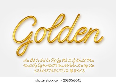 Gold 3d realistic capital and lowercase letters, numbers, symbols and currency signs isolated on a light background. Vector illustration.