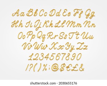 Gold 3d realistic capital and lowercase letters, numbers, symbols and currency signs isolated on a light background.