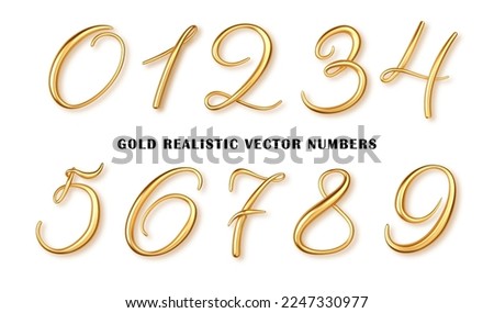 Gold 3d realistic  chrome numbers isolated. Metallic gold number from zero to nine. Design element for festive party decoration
