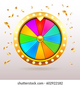 Gold 3d realistic Fortune Wheel illustration with 12 colored empty sectors and confetti.Colorful fortune wheel design. Eps10 vector.