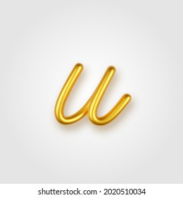 Gold 3d realistic lowercase letter U on a light background.