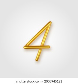 Gold 3d realistic number 4 sign on a light background.