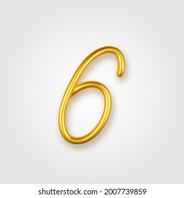 Gold 3d realistic number 6 sign on a light background.