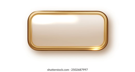 Gold 3d rectangle button isolated on white background. Glossy golden metallic shape. 3D realistic vector shiny icon