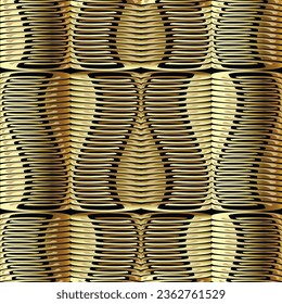 Gold 3d relief 3d seamless pattern. surface golden ornamental abstract vector background. Deco repeat modern backdrop. Trendy luxury gold 3d ornaments. Endless metal texture. Beautifyl trendy design.