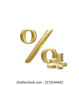 Gold 3D-Rendering-Prozent-Symbol mit goldenen Münzen Stack. Zinssatz für Bank- oder Geschäftskonzept. Vektorgrafik 