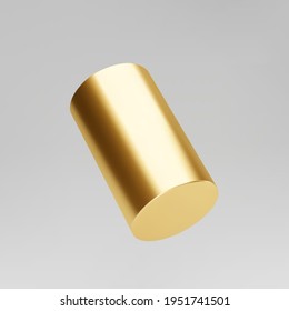 Gold 3d rotating cylinder isolated on grey background. Cylinder pillar, golden pipe. 3d basic geometric shape vector