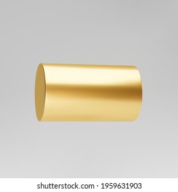 Gold 3d rotating cylinder isolated on grey background. Cylinder pillar, golden pipe. 3d basic geometric shape vector