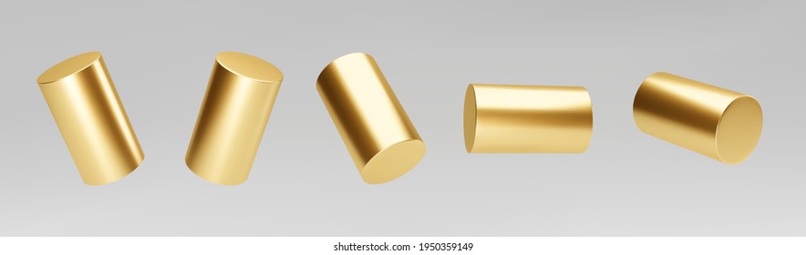 Gold 3d rotating cylinder set isolated on grey background. Cylinder pillar, golden pipe. 3d basic geometric shapes vector