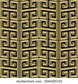 Gold 3d seamless pattern. Vector textured geometric background. Surface repeat ancient backdrop. Modern 3d golden greek ornaments. Decorative ornate 3d design with greek key, meanders, shadows, mazes.