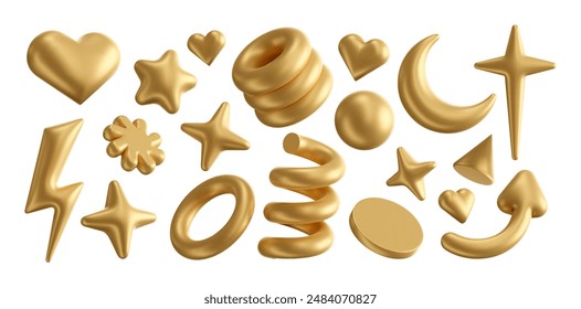 Gold 3D shapes. Golden spark and star shape, geometric heart, moon, lightning bolt and arrow. Isolated spring spiral, ring, circle plate and sphere renders. Vector set