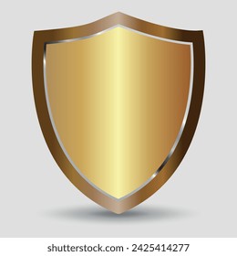 Gold 3D shield on a gray background. Vector