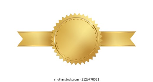 Gold 3d stamp with ribbon isolated on white background. Luxury golden seal. Vector design element.