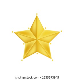Gold 3d star isolated with six circles, five-pointed, christmas star isolated on white background with place for text. Vector graphics. Illustration.