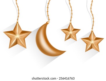 Gold 3d star and moon isolated in white background. Vector EPS10.