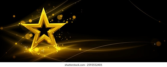 Gold 3d star on black background for award ceremony concept. Shiny metal starry shape with luminous particles, elegant bokeh effect, light beams. Luxury stage with trophy for achievement recognition.
