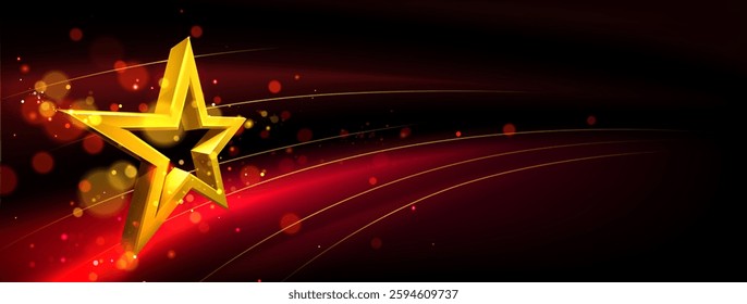 Gold 3d star on dark background with red glowing streaks and shimmering particles. Award symbol with curved light trails and bokeh effects. Dynamic design element for ceremonies, recognition programs
