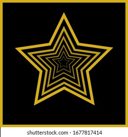 Gold 3d stars vector icon travel out of black background with golden outline.