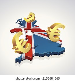 Gold 3D symbols of the euro currency on the 3D map of the United Kingdom in the colors of the British flag (white background)