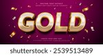 Gold 3d text effect with confetti on red abstract background, vector graphic style