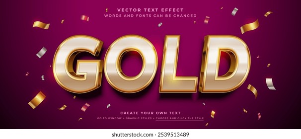 Gold 3d text effect with confetti on red abstract background, vector graphic style