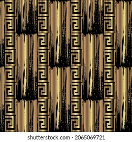 Gold 3d textured seamless pattern. Old style grunge rough background. Modern ornament. Borders. Greek key, meanders. Dirty grungy endless texture. Ornate repeat abstract backdrop. Modern vector design