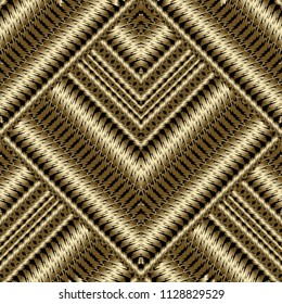 Gold 3d textured striped seamless pattern. Embroidered geometric vector background. Surface decorative grunge texture with stripes, zigzag, borders, tiled rhombus. Abstract ornate tapestry design