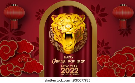 gold and 3d tiger character.(Chinese translation : Happy chinese new year 2022, year of the tiger )