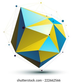 Gold 3D vector abstract technology illustration, bright perspective geometric unusual object with wireframe.