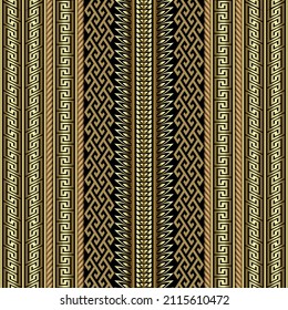 Gold 3d vertical borders seamless pattern. Surface luxury ornamental greek style background. Trendy abstract borders ornaments. Greek key, meanders, ropes. Decorative repeat backdrop. Endless texture.