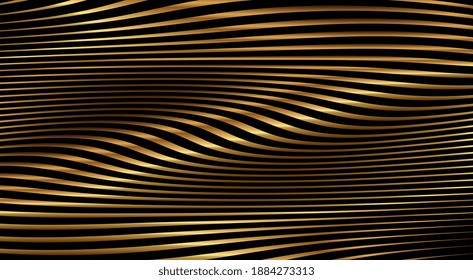 Oro 3d ondeando sobre fondo negro. Línea de onda de gradiente de oro de metal abstracto futurista. Lujoso fondo dorado. Resumen del efecto de flujo 3d dinámico. Textura de diseño brillante de oro metálico.EPS vectores 10.