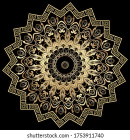 Gold 3d zig zag vector mandala pattern. Vintage ornamental background. Greek key meander zigzag frame. Floral baroque style decorative 3d ornaments. Beautiful luxury design. Golden abstract flower.