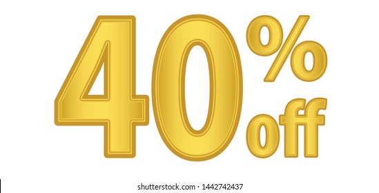 Gold 40% off Percent Discount Sign, Discount offer price label,  golden text 40 percent off