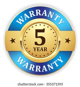 Gold 5 year warranty badge with blue border on white background