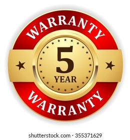 Gold 5 year warranty badge with red border on white background