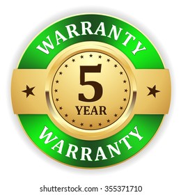 Gold 5 year warranty badge with green border on white background