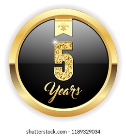 Gold 5 years, anniversary button with gold letters