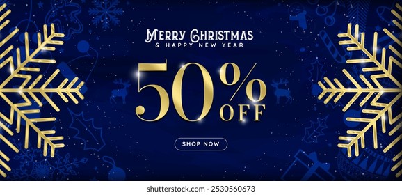 Gold 50% off Christmas Sale Discount Banner with shop now button. Golden Snowflake decoration with soft monochromatic christmas ornament pattern background. Christmas Promo offer layout. Vector.