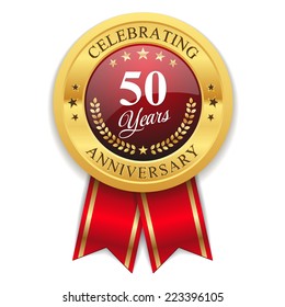 Gold 50 Years Anniversary Badge With Red Ribbon On White Background