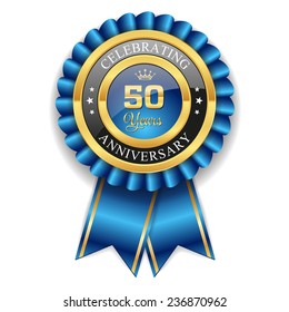 Gold 50 years anniversary badge with red ribbon on white background