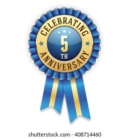 Gold 5th anniversary rosette, badge with blue ribbon on white background
