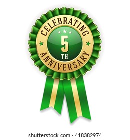 Gold 5th anniversary rosette, badge with green ribbon on white background